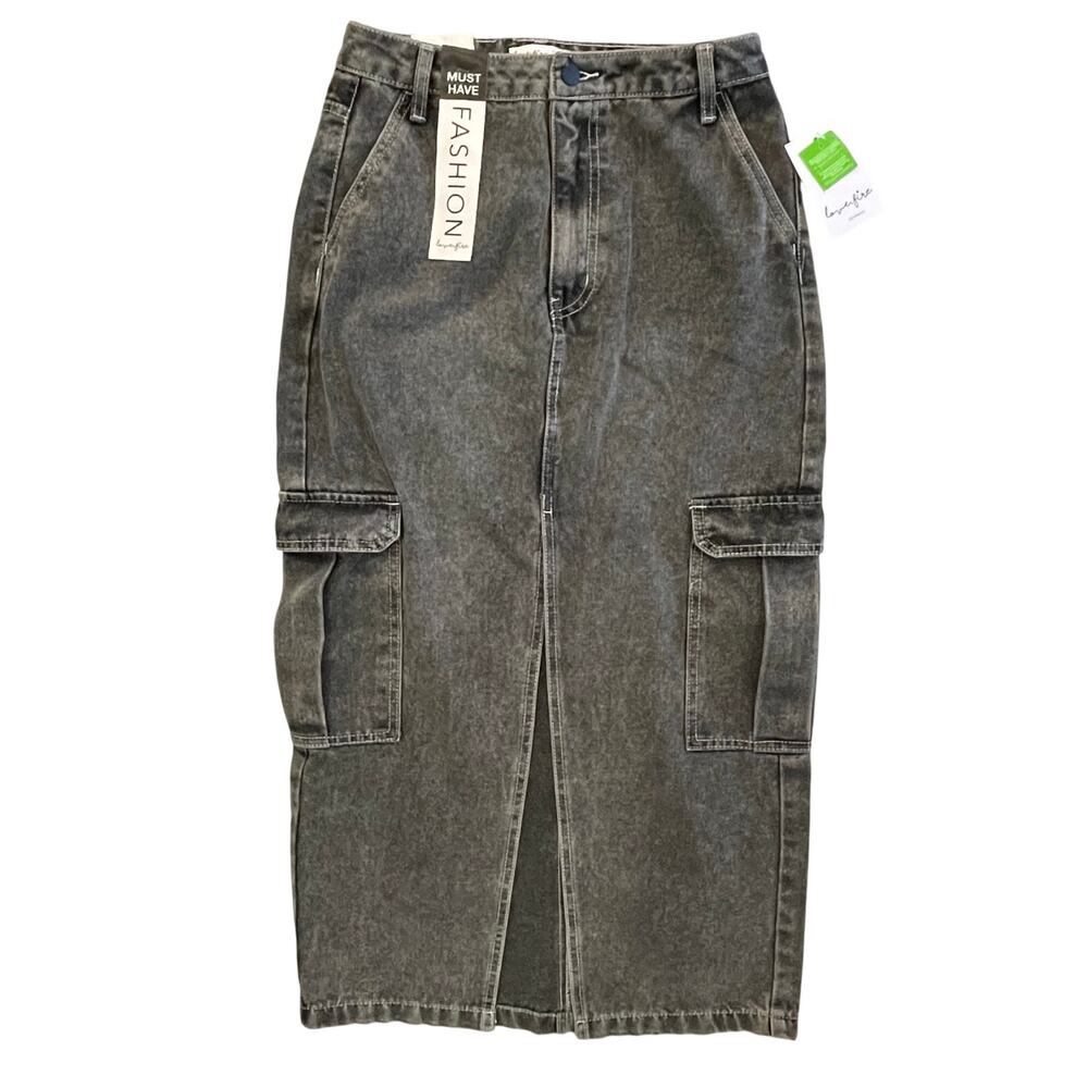 Love Fire Women's Black Acid Denim Cargo Front Slit Skirt Junior Size 5 NWT